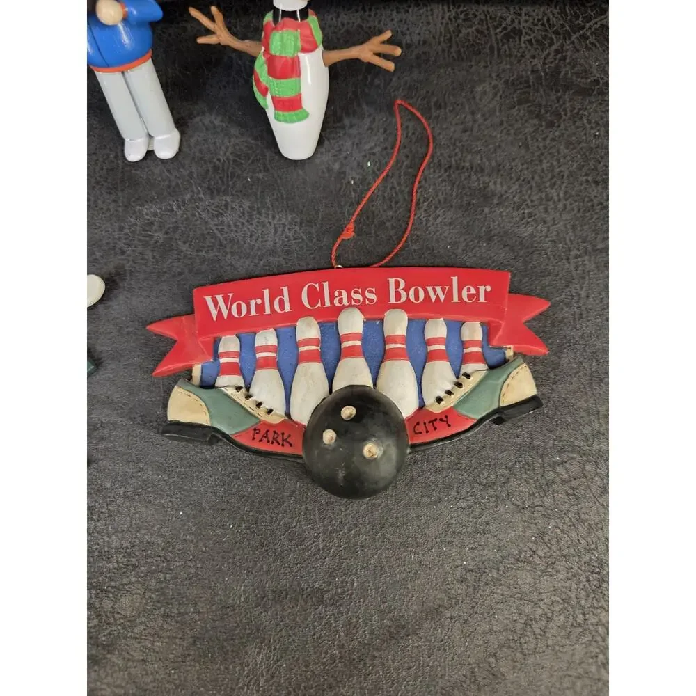 Vintage Bowling Christmas Ornament Lot Wooden Wood Snowman World Class Bowler...